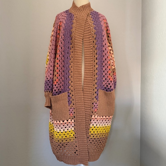 Women's Hand Crocheted 100% Cotton Long Cardigan Sweater Duster Size M/L - Picture 8 of 11